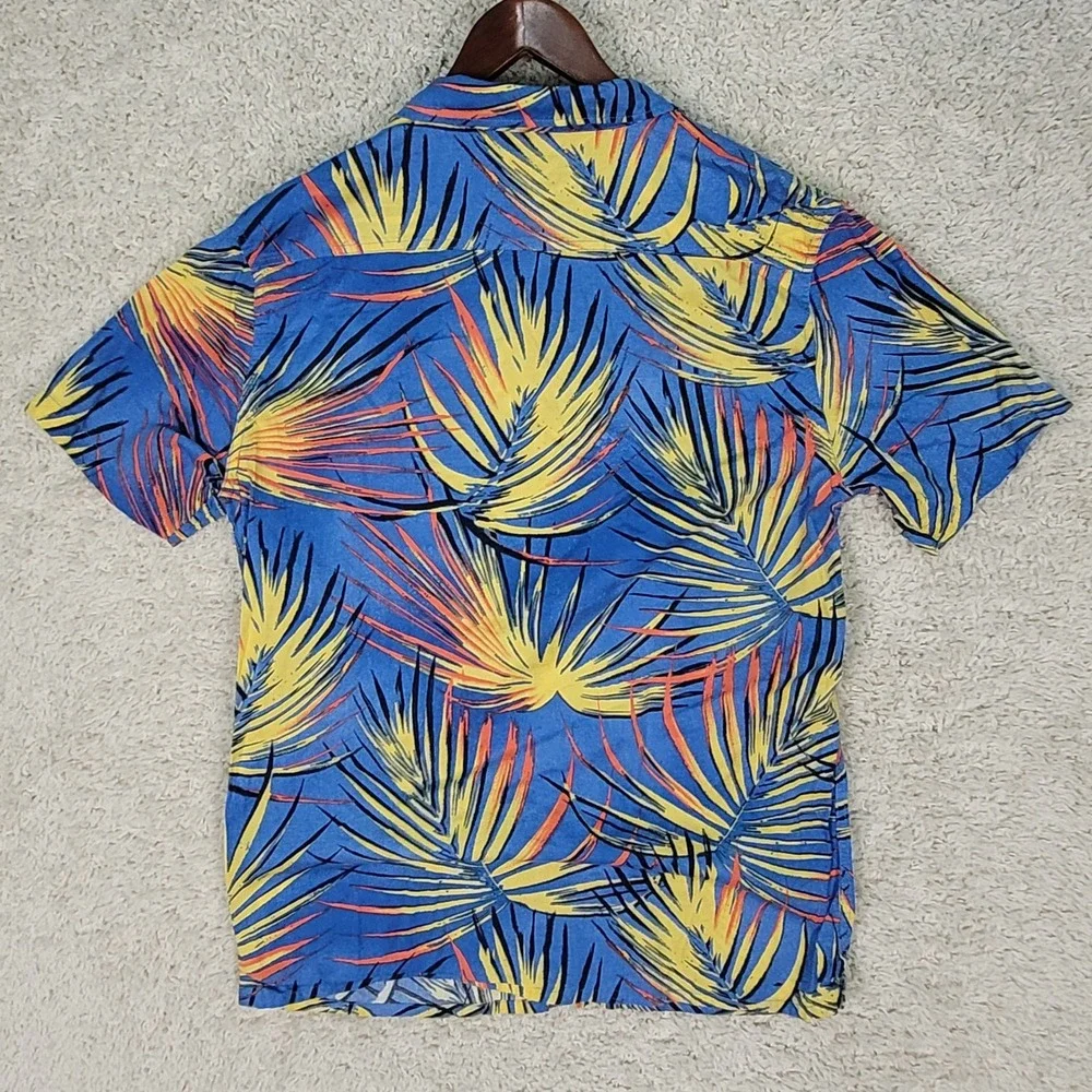 Quiksiver Hawaiian Shirt Men's Large Blue Yellow Floral Leaf Short Sleeve Button
